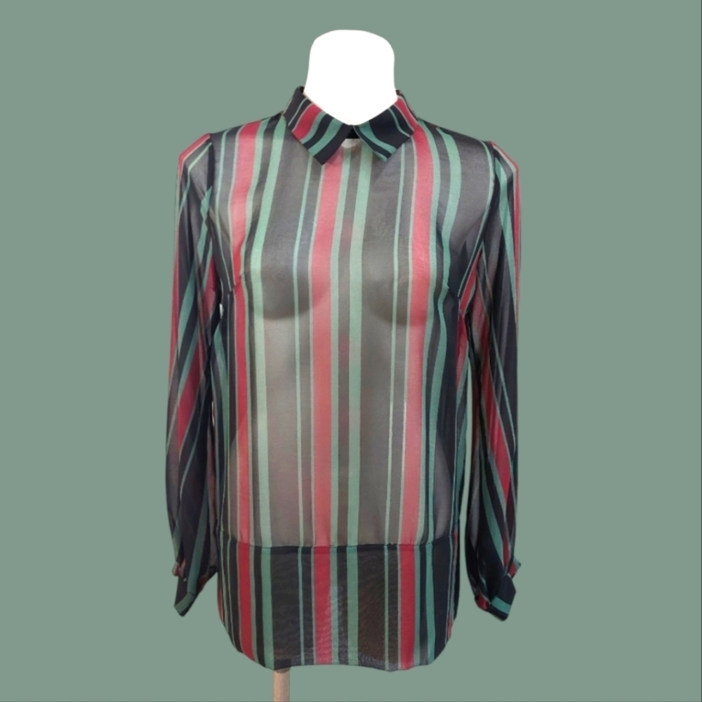 BCBGeneration Striped Sheer Blouse Collared Lightweight Long Sleeve Top Sz S